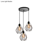 Vintage Faceted Cage Ceiling Fixture 3 Bulbs Pendant Lighting Black Metal For Dining Table