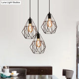 Vintage Faceted Cage Ceiling Fixture 3 Bulbs Pendant Lighting Black Metal For Dining Table