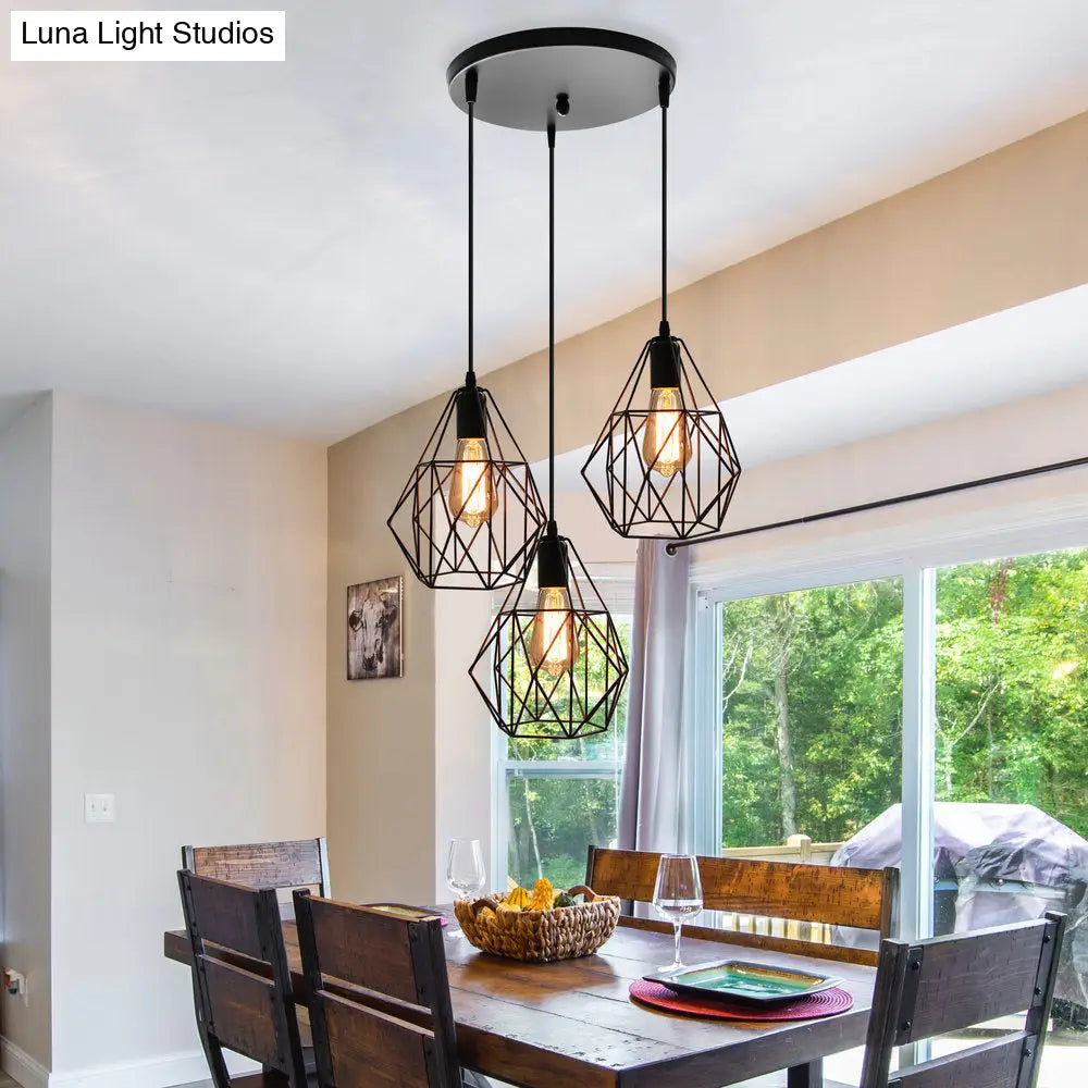 Vintage Faceted Cage Ceiling Fixture 3 Bulbs Pendant Lighting Black Metal For Dining Table