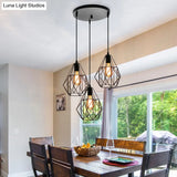 Vintage Faceted Cage Ceiling Fixture 3 Bulbs Pendant Lighting Black Metal For Dining Table
