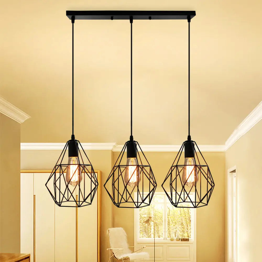 Vintage Faceted Cage Ceiling Fixture 3 Bulbs Pendant Lighting Black Metal For Dining Table / A