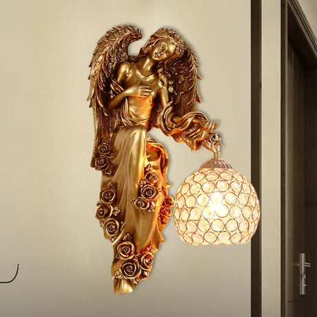 Vintage Faceted Crystal Sconce With Angel Resin Decor For Dining Room Wall Lighting In White/Gold