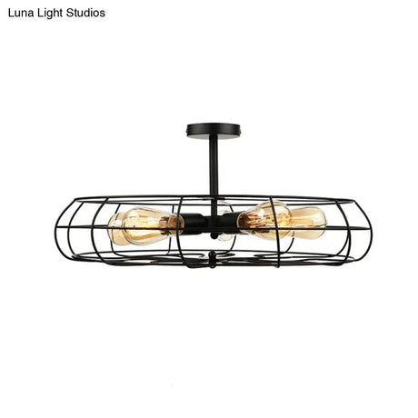 Vintage Fan Shaped 5-Light Iron Ceiling Light With Wire Cage Shade - Semi Flush Mount In Rust/Black