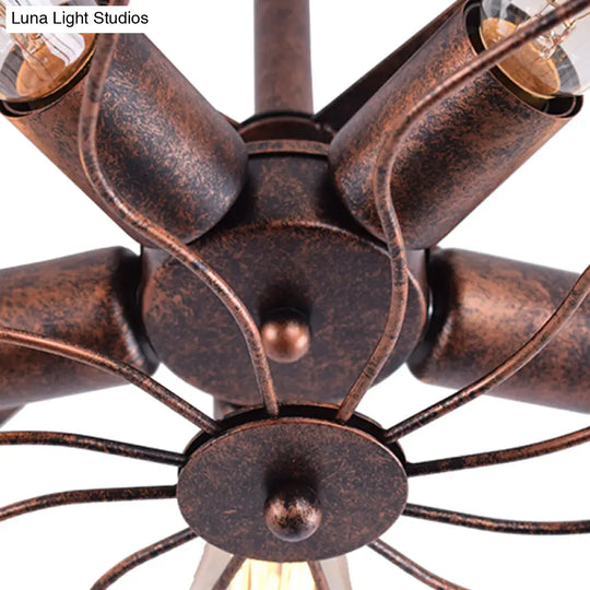 Vintage Fan Shaped 5-Light Iron Ceiling Light With Wire Cage Shade - Semi Flush Mount In Rust/Black