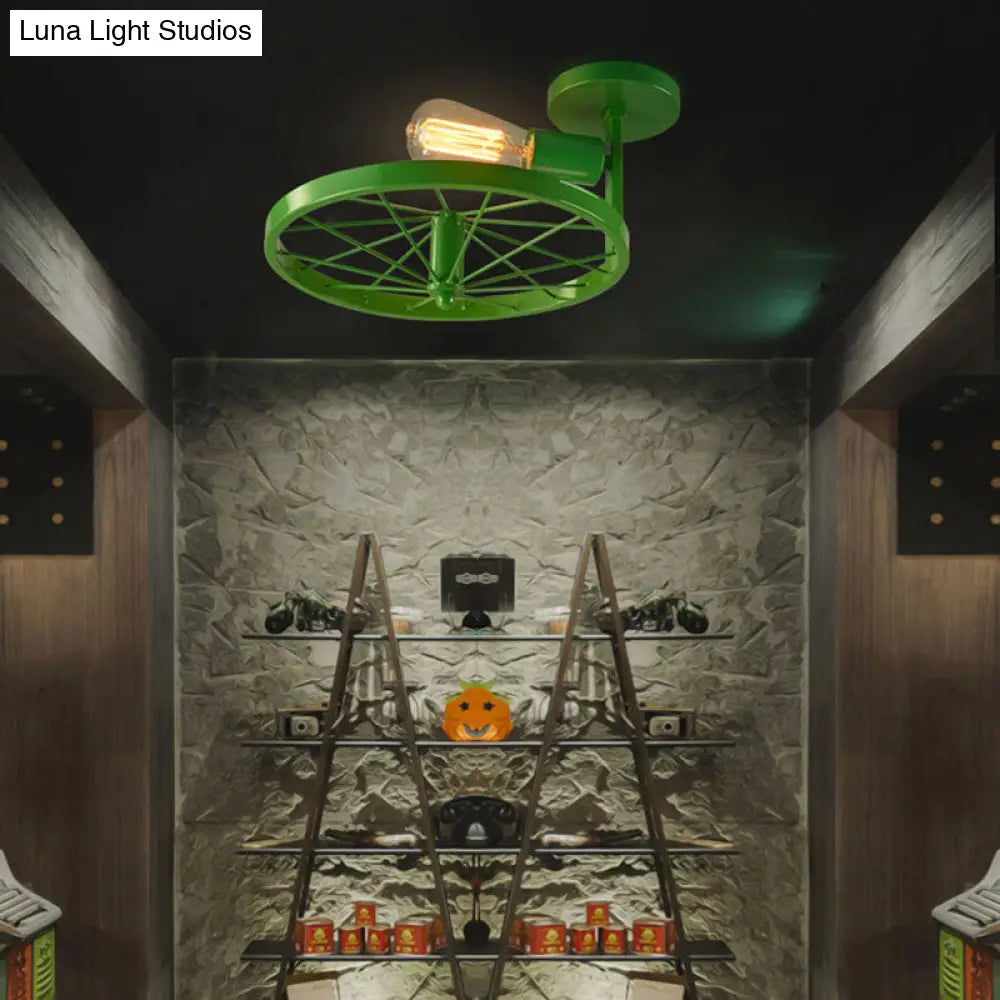 Vintage Farmhouse Ceiling Light With White/Pink Bulb And Wheel Design Green