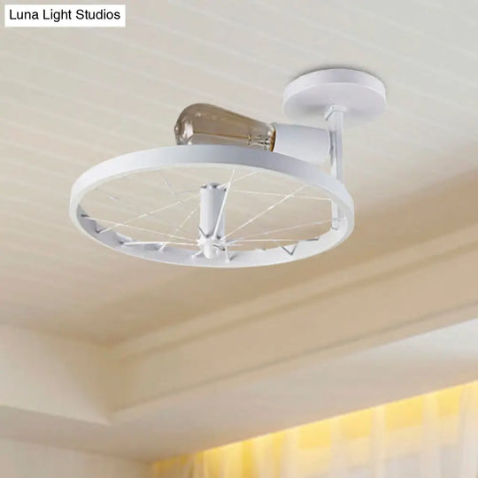 Vintage Farmhouse Ceiling Light With White/Pink Bulb And Wheel Design