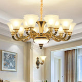 Vintage Flared Suspension Chandelier For Living Room - Cream Frosted Glass Light 15 /