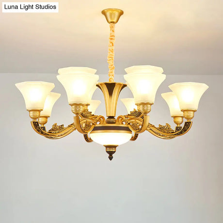 Vintage Flared Suspension Chandelier For Living Room - Cream Frosted Glass Light
