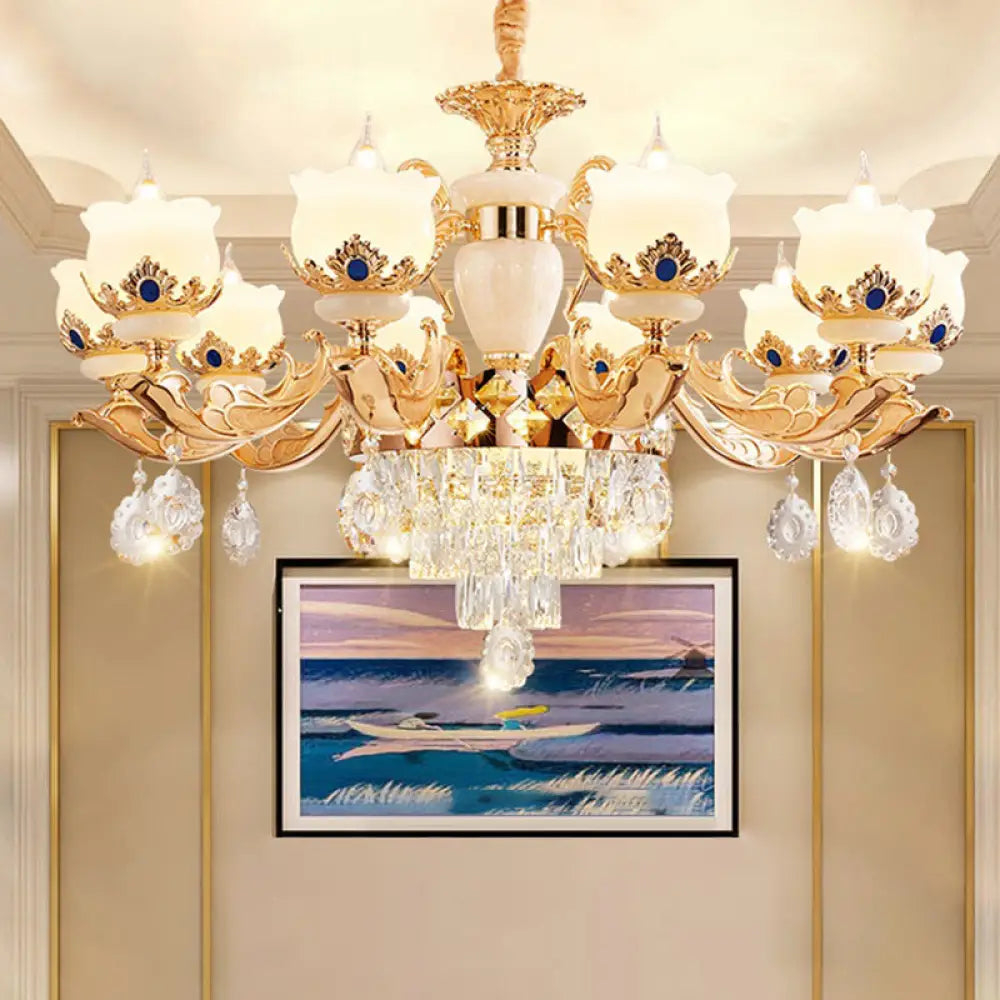 Vintage Floral Chandelier Pendant Light With Crystal - Cream Glass And Gold Finish 10 /