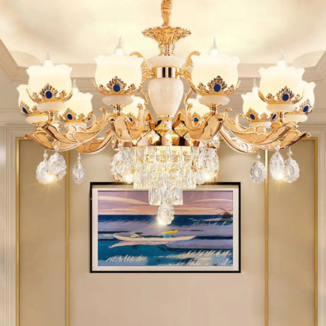 Vintage Floral Chandelier Pendant Light With Crystal - Cream Glass And Gold Finish 10 /