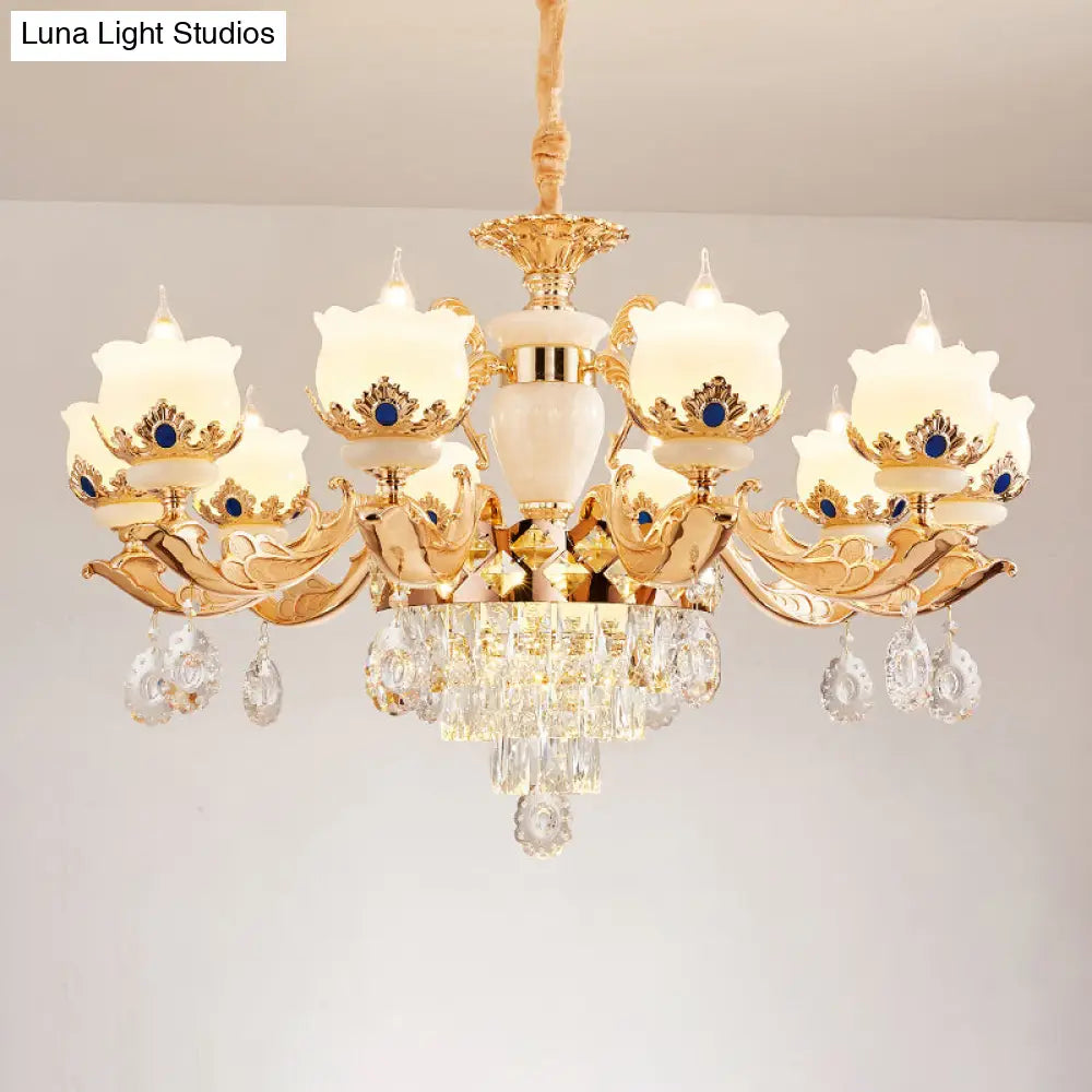 Vintage Floral Chandelier Pendant Light With Crystal - Cream Glass And Gold Finish