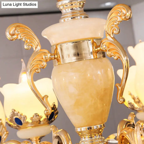 Vintage Floral Chandelier Pendant Light With Crystal - Cream Glass And Gold Finish