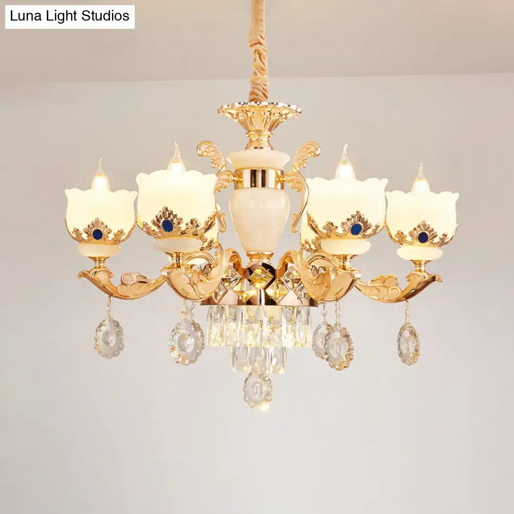 Vintage Floral Chandelier Pendant Light With Crystal - Cream Glass And Gold Finish