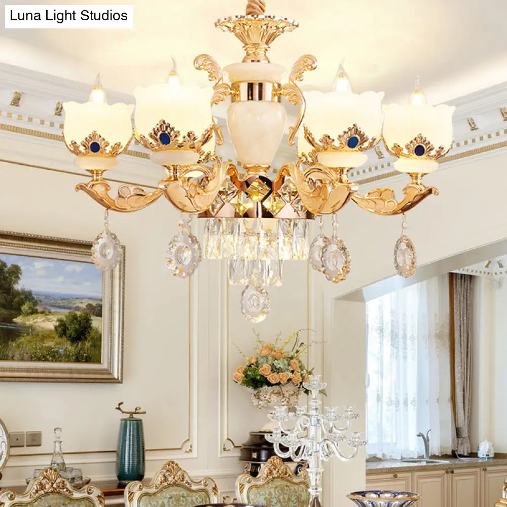Vintage Floral Chandelier Pendant Light With Crystal - Cream Glass And Gold Finish