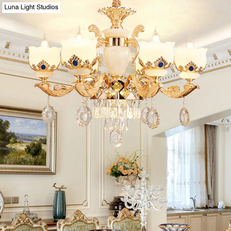 Vintage Floral Chandelier Pendant Light With Crystal - Cream Glass And Gold Finish