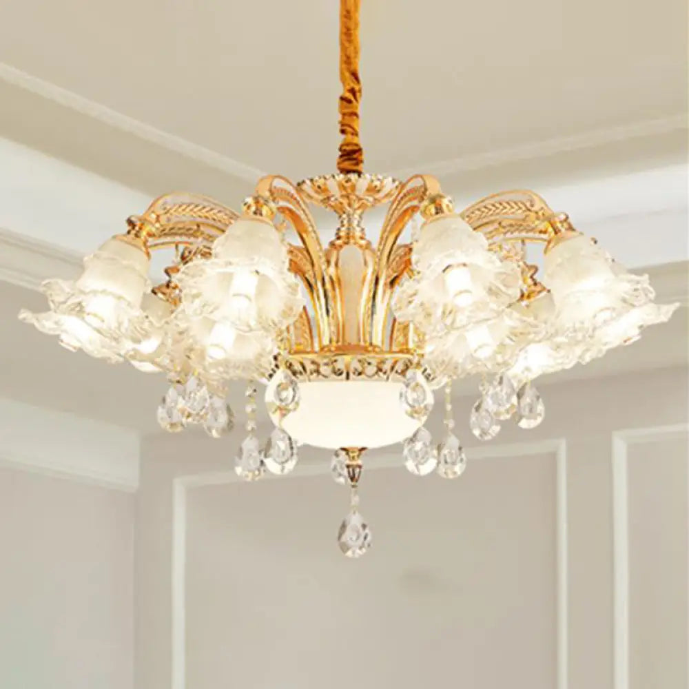 Vintage Floral Chandelier Pendant With Ribbed Ruffle Glass And Crystal Accent 15 / White