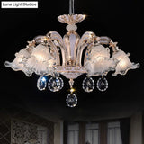 Vintage Floral Chandelier Pendant With Ribbed Ruffle Glass And Crystal Accent