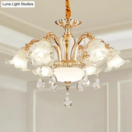 Vintage Floral Chandelier Pendant With Ribbed Ruffle Glass And Crystal Accent
