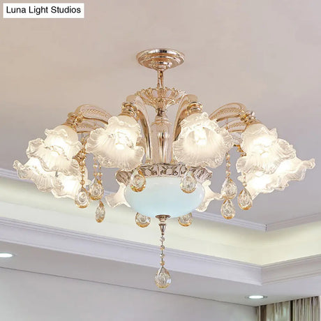Vintage Floral Chandelier Pendant With Ribbed Ruffle Glass And Crystal Accent