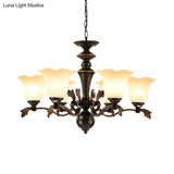 Vintage Floral Frosted Glass Chandelier - 6-Bulb Hanging Light Up Ceiling Suspension Black Finish