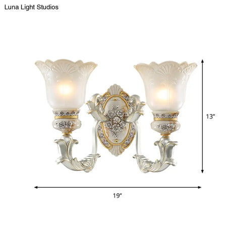 Vintage Floral Wall Lamp Kit With Frosted Glass Shade For Living Room Sconce Light In White-Gold