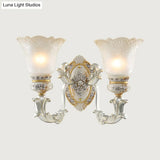 Vintage Floral Wall Lamp Kit With Frosted Glass Shade For Living Room Sconce Light In White-Gold