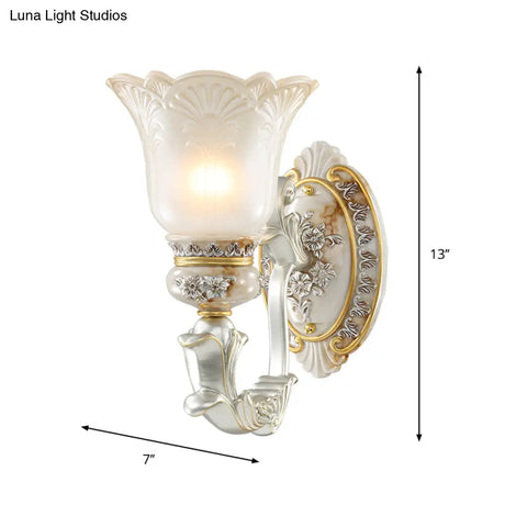 Vintage Floral Wall Lamp Kit With Frosted Glass Shade For Living Room Sconce Light In White-Gold
