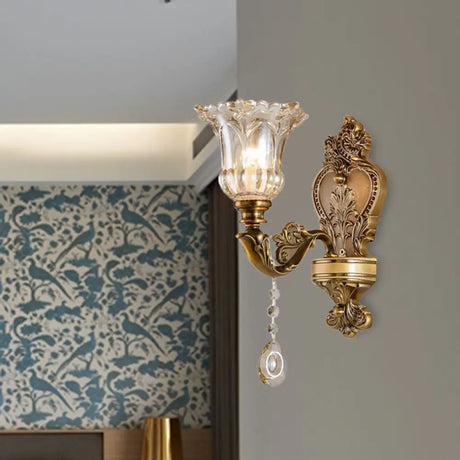 Vintage Floral Wall Sconce With Beveled Crystal Prism And Brass Finish 1 /