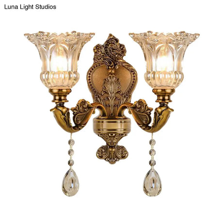 Vintage Floral Wall Sconce With Beveled Crystal Prism And Brass Finish