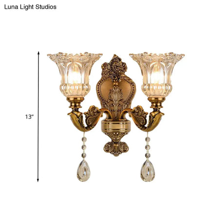 Vintage Floral Wall Sconce With Beveled Crystal Prism And Brass Finish