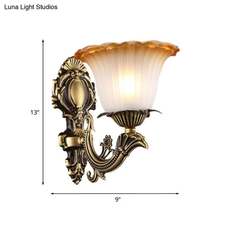 Vintage Floral Wall Sconce With Frosted Glass And Carved Brass Arm