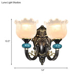 Vintage Floral Wall Sconce With Frosted Glass Shade - Bronze Metal Curvy Arm Bedroom Décor