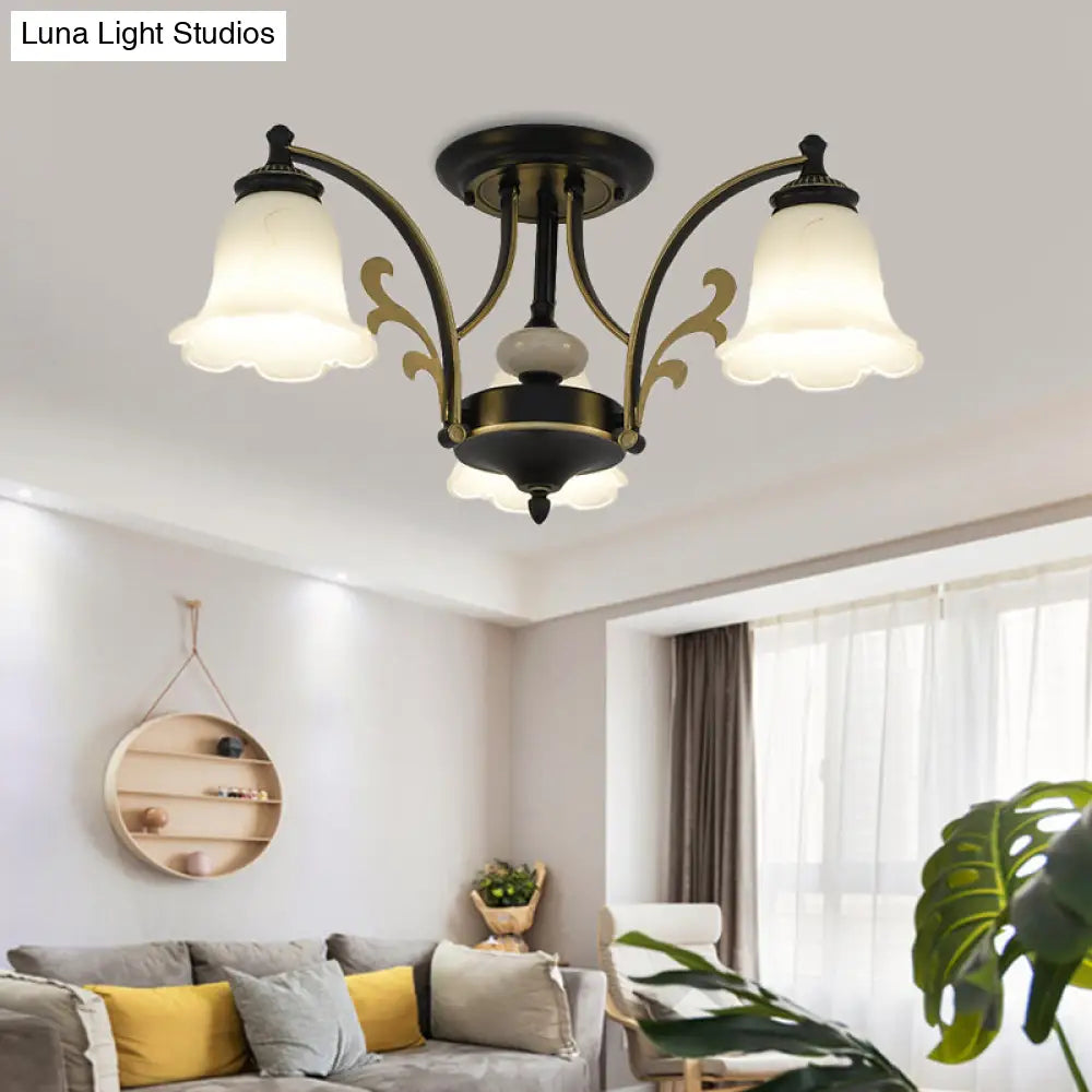 Vintage Floral White Glass Ceiling Lamp With 3/6/8 Lights For Dining Room - Semi Flush Mount In