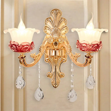 Vintage Flower Milk Glass Wall Sconce - Brass Finish With Clear Crystal Decoration 2 /