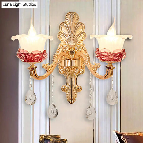 Vintage Flower Milk Glass Wall Sconce - Brass Finish With Clear Crystal Decoration