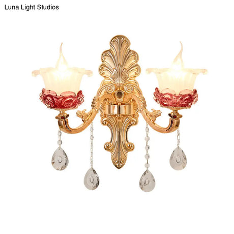 Vintage Flower Milk Glass Wall Sconce - Brass Finish With Clear Crystal Decoration