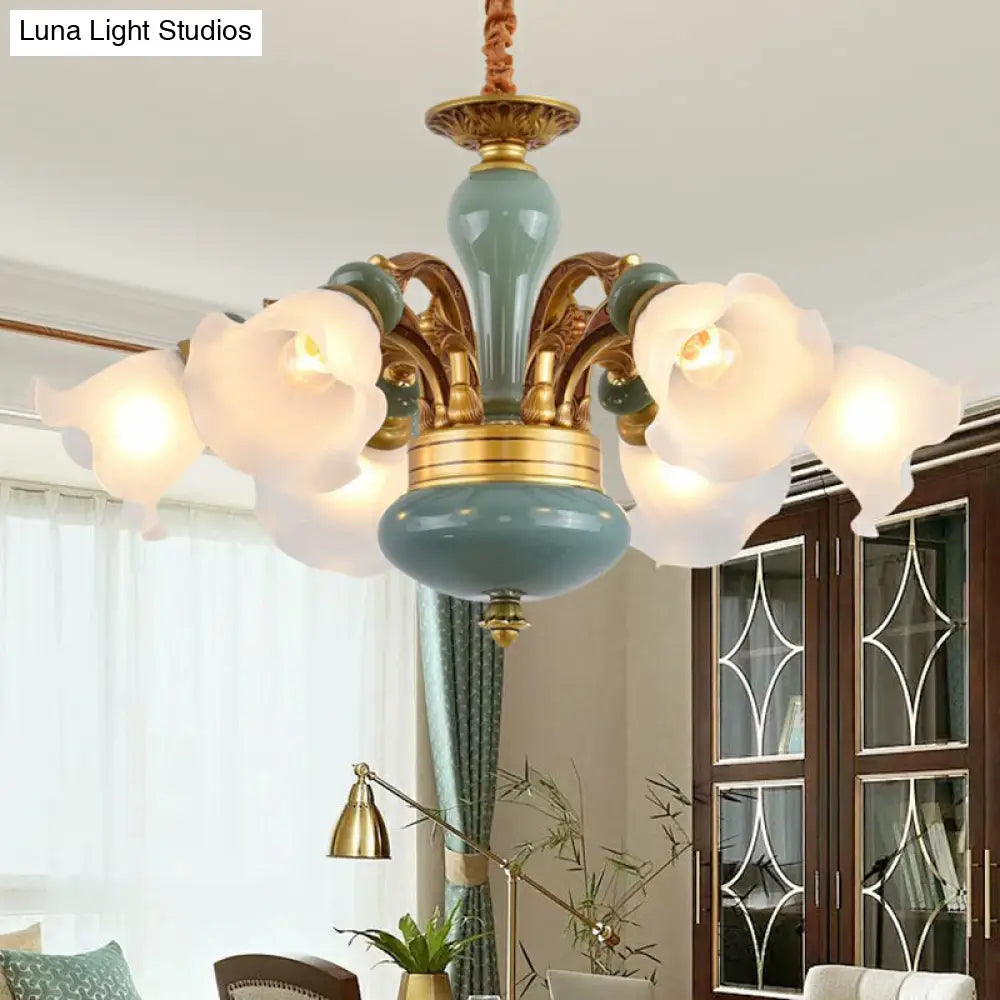 Vintage Flower Opal Frosted Glass Chandelier: Brown-Blue Hanging Light For Living Room