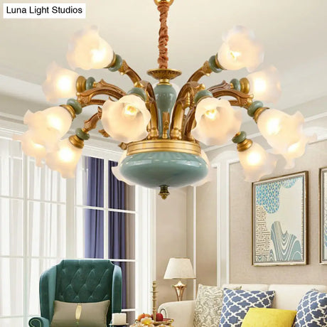 Vintage Flower Opal Frosted Glass Chandelier: Brown-Blue Hanging Light For Living Room