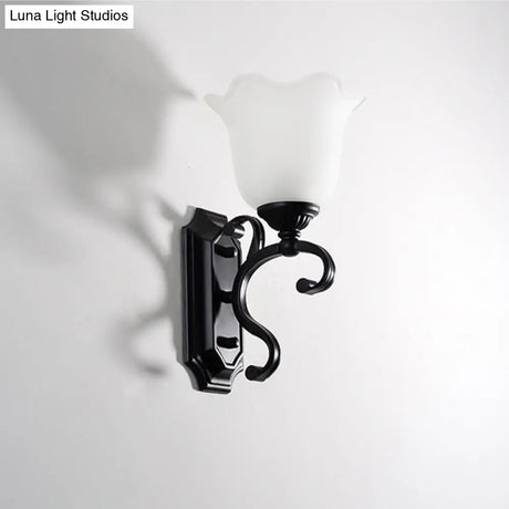 Vintage Flower Shaped Wall Mounted Lamp For Bedroom - Frost Glass Black Light