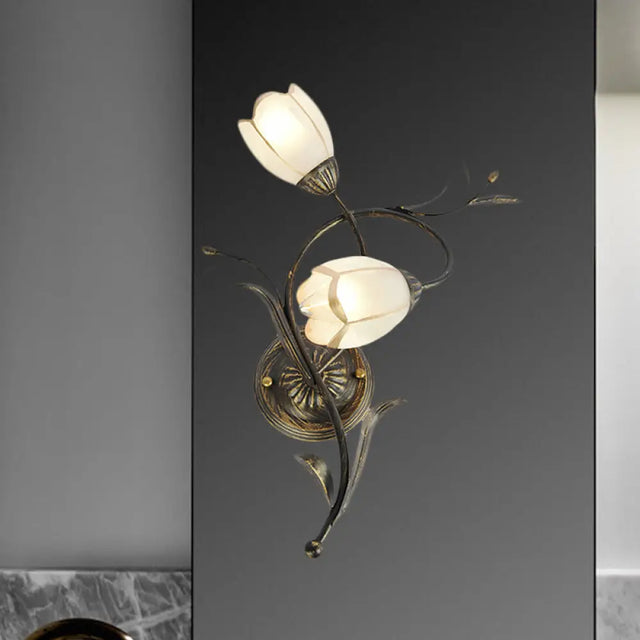 Vintage Flower Wall Sconce Lighting - Bronze Frosted Glass Light Fixture For Living Room Right/Left