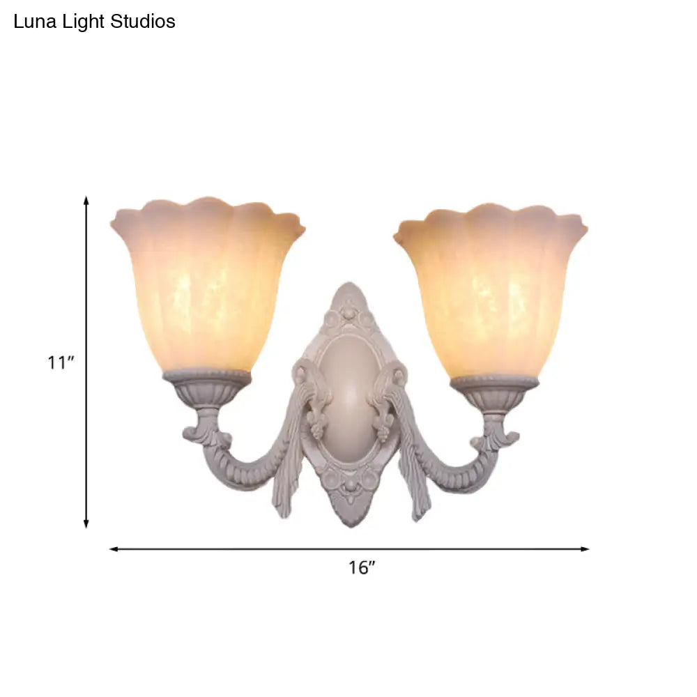 Vintage Flower White Glass Sconce Light With Curved Arm - Wall Mounted Lighting For Living Room