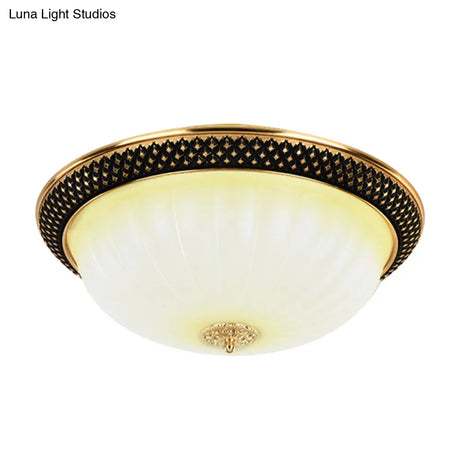 Vintage Fluted Opal Glass Semi - Orb Flush Mount Led Ceiling Light 11’/15’ Width In Black & Gold