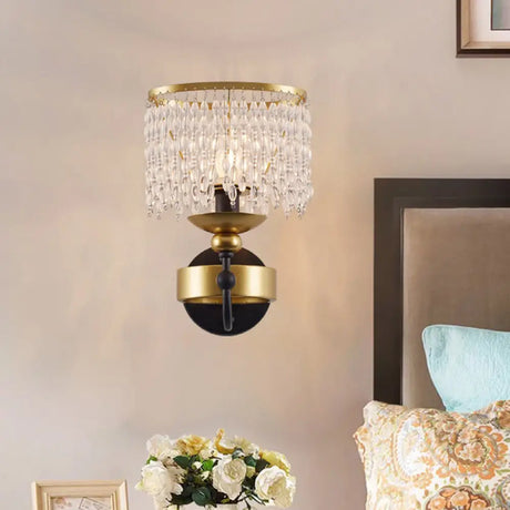 Vintage Fringe Wall Light: Crystal Sconce With Curved Arm - Gold