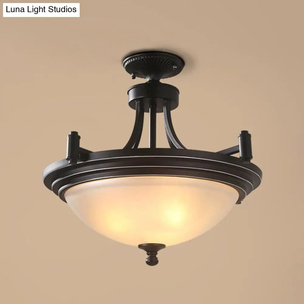 Vintage Frost Glass Semi Flush Mount With Bowl Shade: 3 - Bulb Black Entryway Ceiling Light