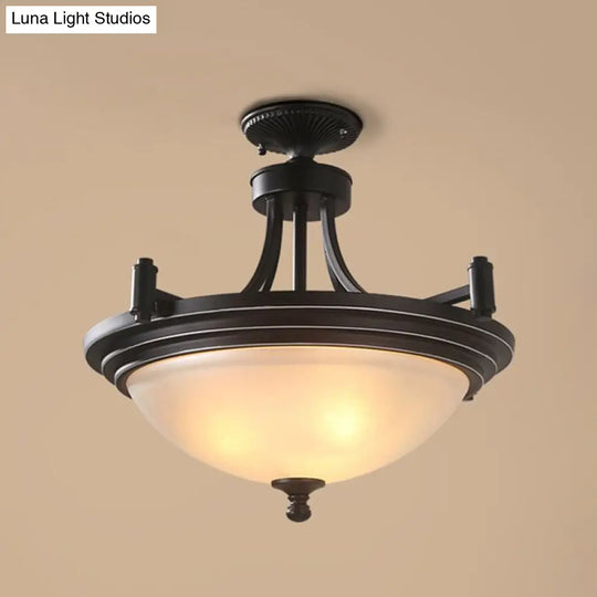 Vintage Frost Glass Semi Flush Mount With Bowl Shade: 3 - Bulb Black Entryway Ceiling Light