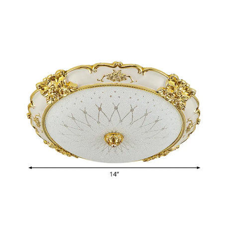 Vintage Frosted Glass Led Circular Dining Room Flush Light With Etching Flower Trim - Gold Ceiling