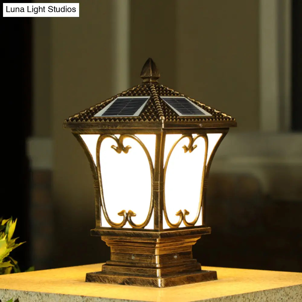 Vintage Frosted Glass Solar Outdoor Lamp - Flared Garden Post Light Fixture