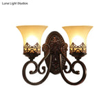 Vintage Frosted Glass Wall Sconce In Red Brown With Carved Backplate - Bedroom 1/2-Bulb Light