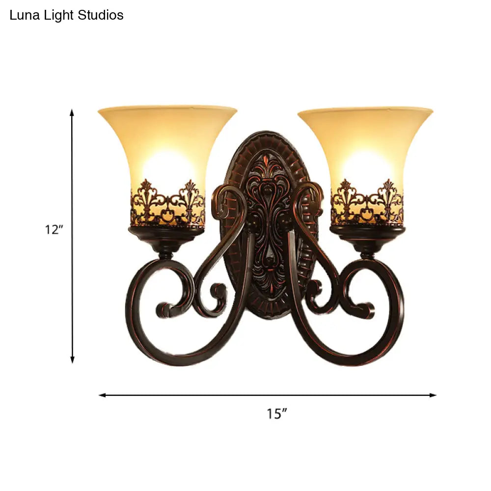 Vintage Frosted Glass Wall Sconce In Red Brown With Carved Backplate - Bedroom 1/2-Bulb Light