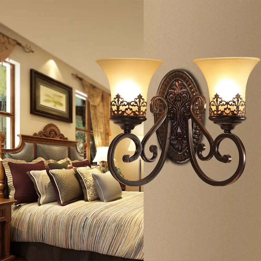Vintage Frosted Glass Wall Sconce In Red Brown With Carved Backplate - Bedroom 1/2-Bulb Light